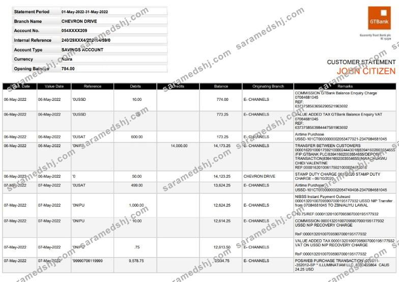 Nigeria GTBank statement, Word and PDF template, version 2